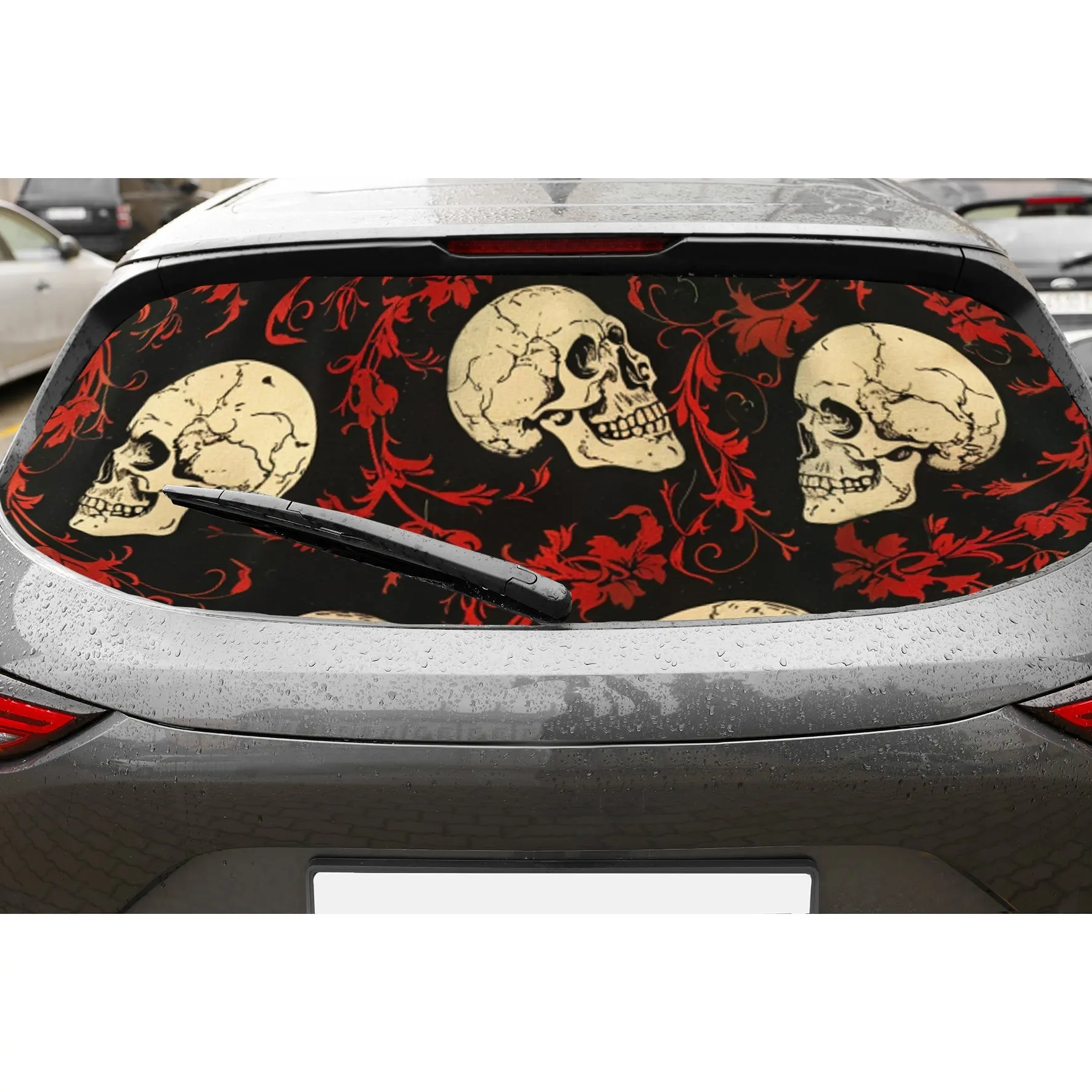 Dark Skull and Red Pattern PVC Perforated Car Vinyl Wraps, Privacy Enhancing Design for Rear Window, Car Rear Windshield Sticker