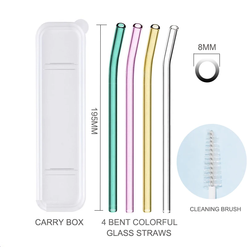 Carry Box Multi-Color Glass Straws Set Eco-friendly Reusable Drinking Straws for Cocktail Smoothie Milkshake