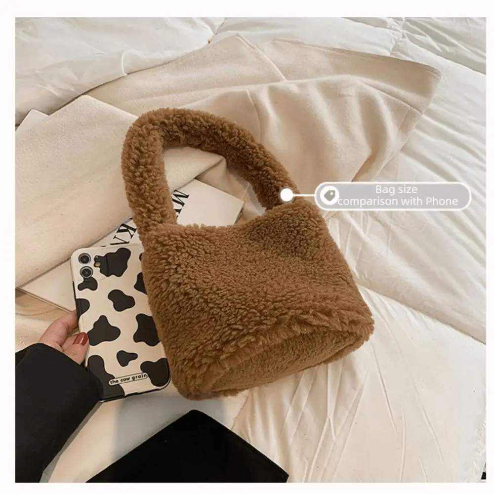 韓国風ふわふわ女性用ハンドバッグ、無地ソフトラムトートバッグ、ハンドル付きリストバッグ、デイリーバッグ