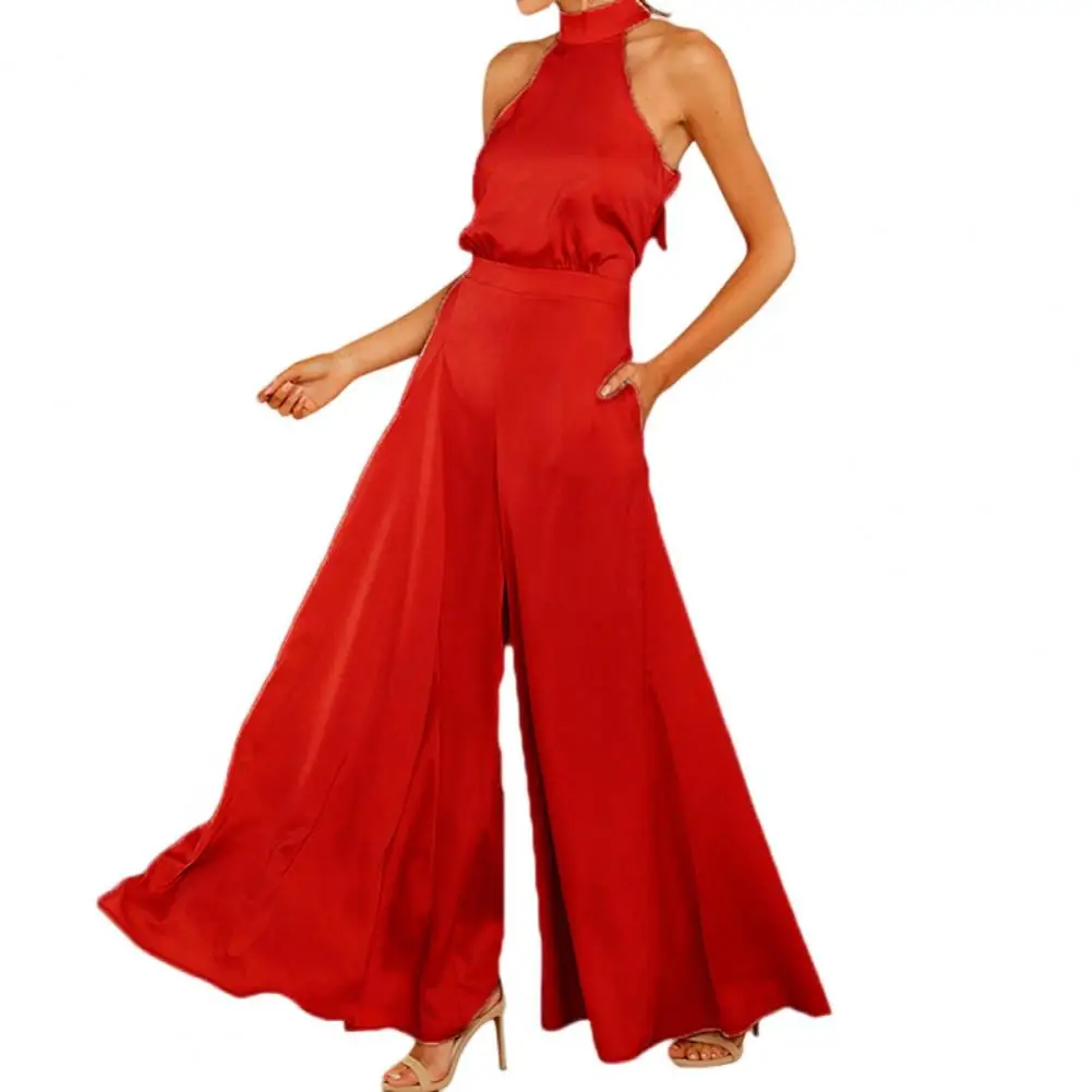 

Jumpsuit Off Shoulder Halter Neck High Waist Wide Leg Pure Color Pockets Deep Crotch A-line Dress Hem OL Commute Party Jumpsuit