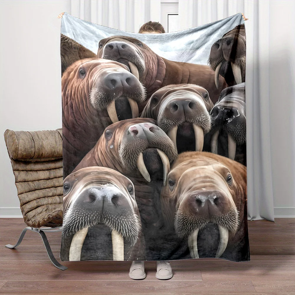 1pc Contemporary Reversible Cartoon Walrus Print Flannel Fleece Throw Blanket - All Seasons, Durable Digital Print, Non-Woven Fa