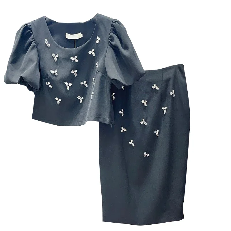 مجموعة فساتين أنيقة بأكمام قصيرة - تنورة نسائية فاخرة برقبة دائرية مطرزة مكونة من قطعتين لمجموعات تنورة الارتداء اليومي