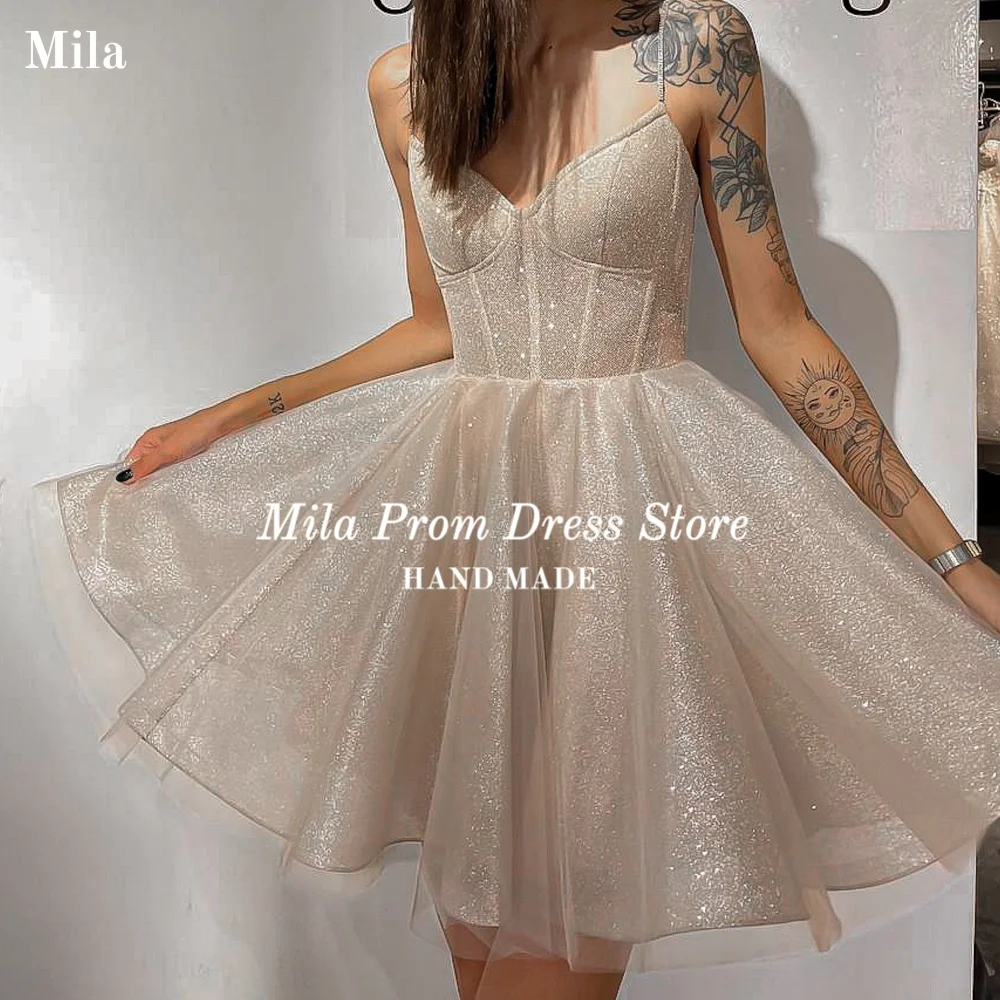 

Mila Customized A Line Short Wedding Dress V Neck Spaghetti Strap Wedding Gowns Glitter Formal Evening robe de mariée 2026