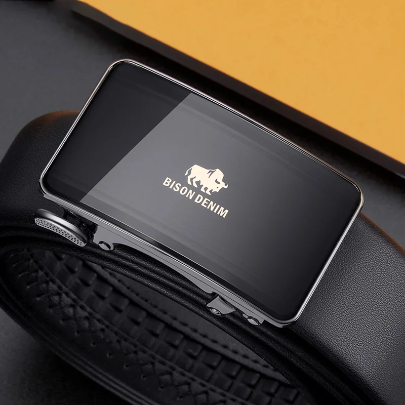 حزام جلد أصلي من الدنيم للرجال ، حزام خصر ، مشبك معدني أوتوماتيكي ، علامة تجارية فاخرة ، جودة عالية ، ذكر