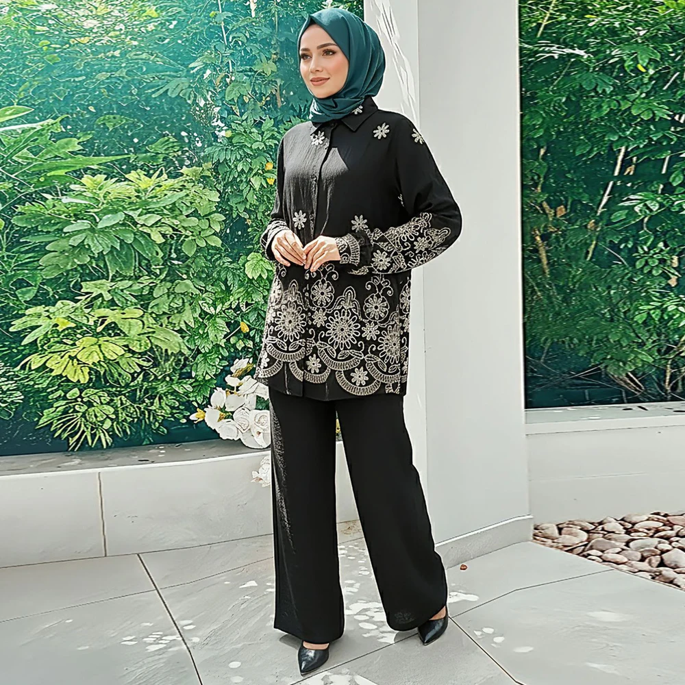 2-teilige Islamische Kleidungssets für Frauen Saudi-Arabien Dubai Bescheidenes Outfit Türkei Besticktes Oberteil und Hosen-Anzüge Muslimischer Trainingsanzug