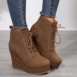 Roman Ladies Shoes 2023 Retro Lace Up Women's Boots Comfortable Wedge Platform Boots High Quality Winter Warm Brown Modern Boots