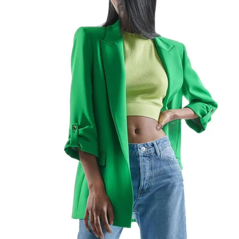 Fashion Casual Loose Notched Blazers Women Elegant Green Rollable Sleeve Jackets Women Spring Pockets Straight Suits Ladies