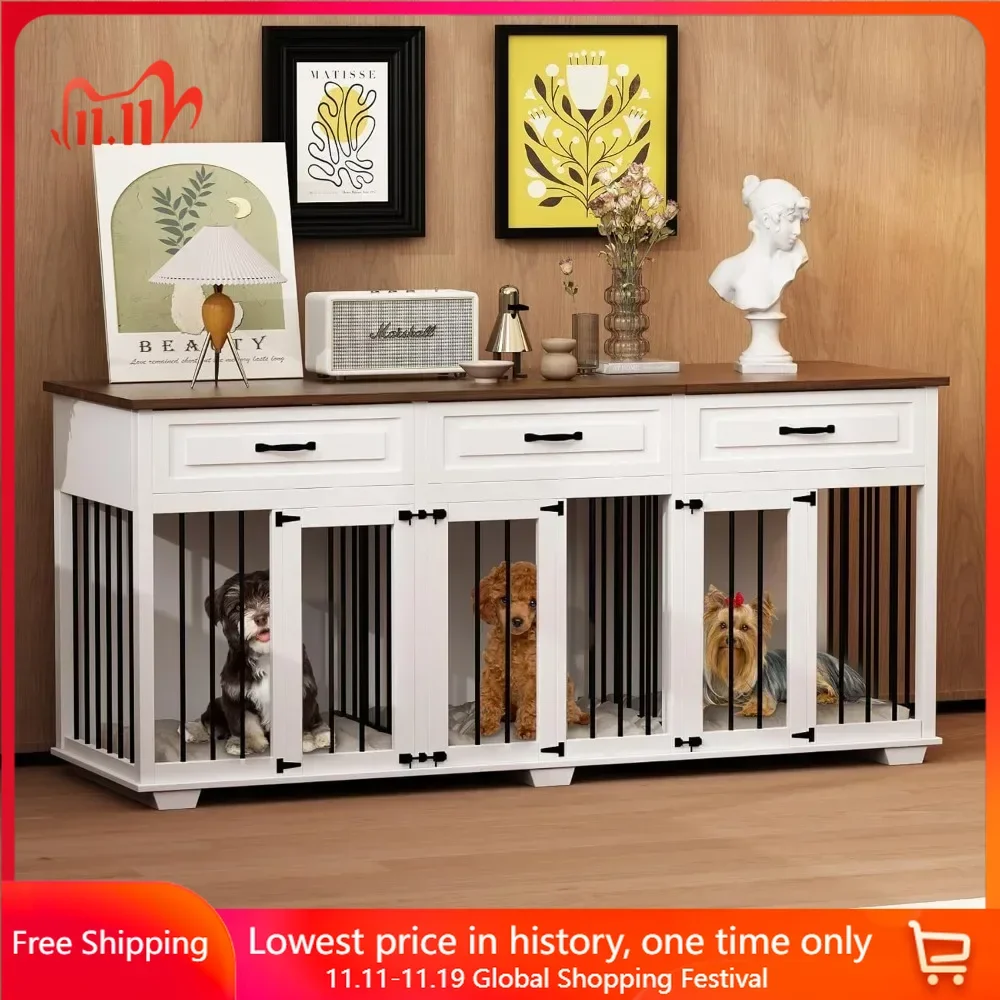 Dog Crate Furniture with 3 Rooms, 70.9