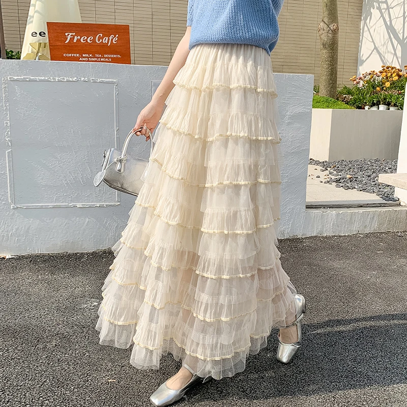 

Пышная тюлевая юбка с высокой талией, А-силуэт, миди, с бархатными вставками, цветная, в стиле фейри, женская модная одежда для весеннего сезона