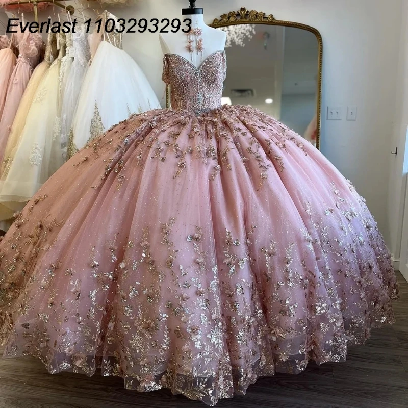 Блестящее розовое платье EVLAST для Quinceanera, бальное платье, Кружевная аппликация, блестки, бисер, кристаллы, милое Многоярусное платье 16, 15 лет TQD330