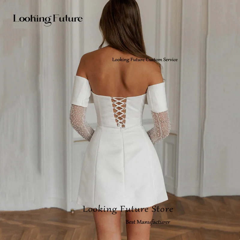 Simple A-Line Mini Wedding Dresses Elegant Long Sleeves Pleat Pearls Strapless Sexy Backless with Lace Up Short Gowns Customized