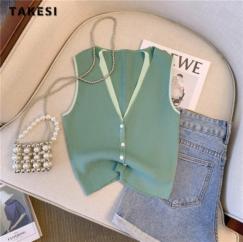 Fake Two Pieces Sweater Vest Women 2024 Summer Sleeveless V-neck Tops Knitwear Stylish Fashion Chic Sexy Ladies Jumpers Vests