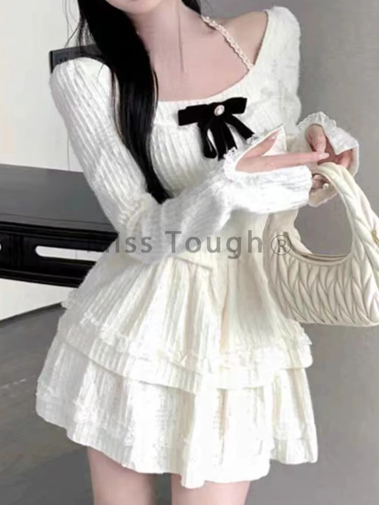 Autumn Korean Fashion Thin 2 Piece Set Women Chic Patchwork Bow Tops+High Waist Mini Skirt Female Casual Pretty Solid Suit New