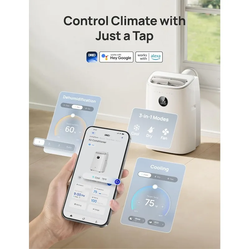 Портативные кондиционеры Dreo, интеллектуальный блок переменного тока 8000 БТЕ ASHRAE (5000 БТЕ DOE) для спальни с охлаждением без дренажа, AC318S