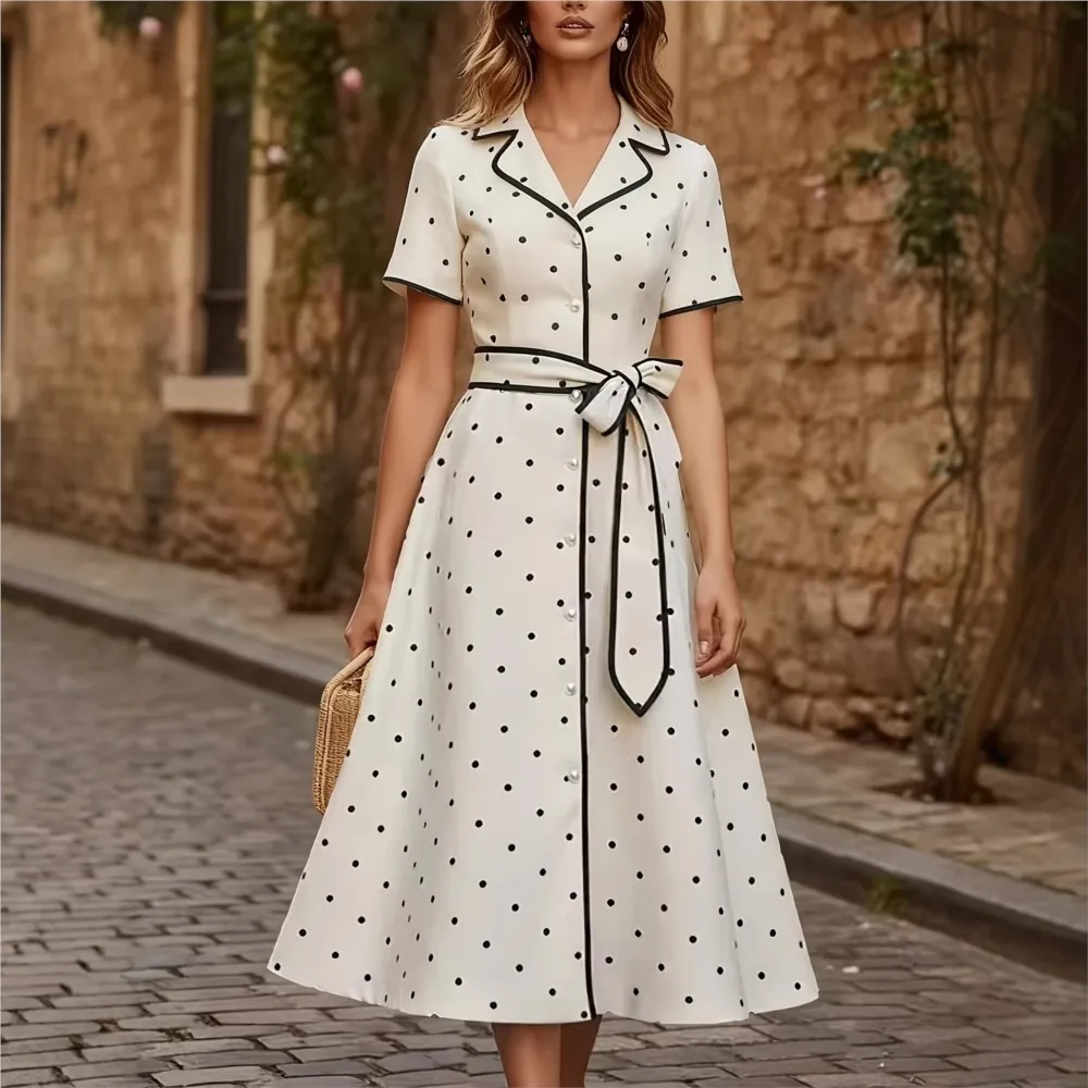 

Polka-dot Single-breasted Dress Summer Women's New Casual Loose Sexy V-neck Tie Waist Short-sleeved Long Dress Ropa Mujer