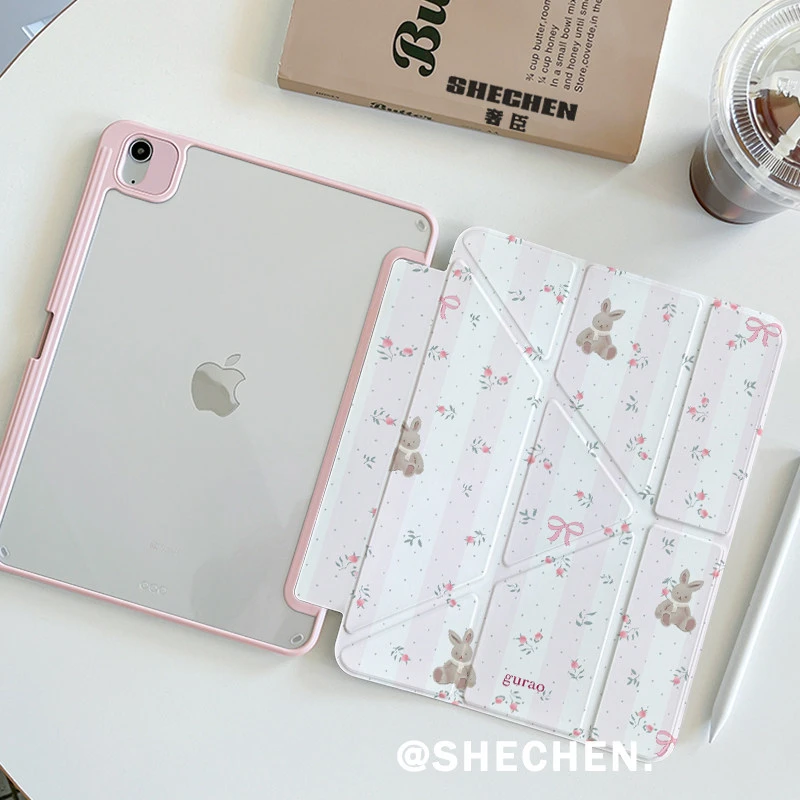 Ins Cute Pink Bow Rabbit Y2K Y-Fold Tablet Case For iPad Pro 11 12.9 13 A16 M2 M4 M3 M5 5/6/7/8/9/10/11th Mini Air 3 4 5 6 Cover