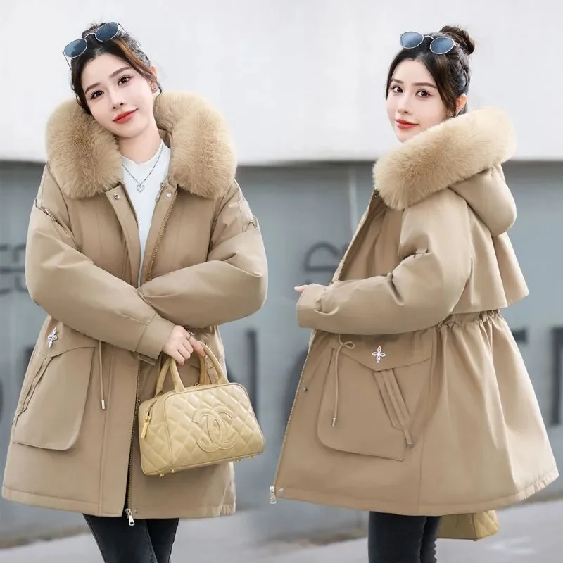 Women's Detachable Parker 2024 Winter New Plush Thicken Hooded Coat Female Oversized Warm Cotton Jacket Long Casual Overcoat