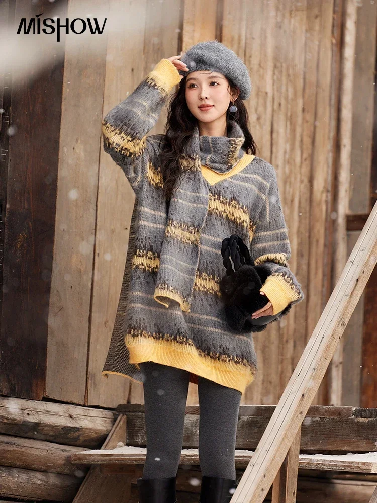 

MISHOW Striped Sweaters Color Clash Loose Wool Blend Pullover V-neck Falling Shoulder Sweater Women Knitted Tops MXD58Z1133