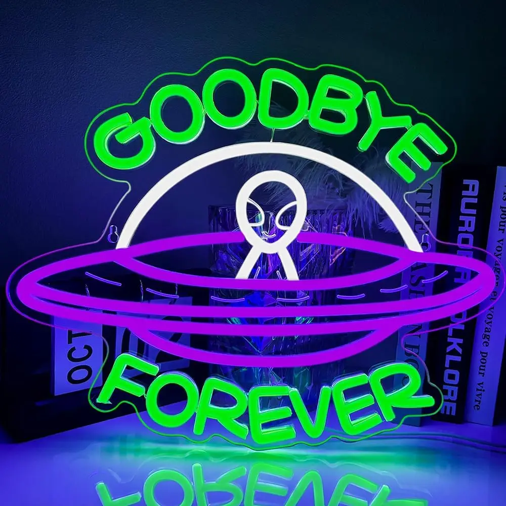 UFO Alien Neon Sign Goodbye Forever Alien USB Dimmable LED Neon Light for Man Cave Bedroom Game Room Bar Party Decor Gift