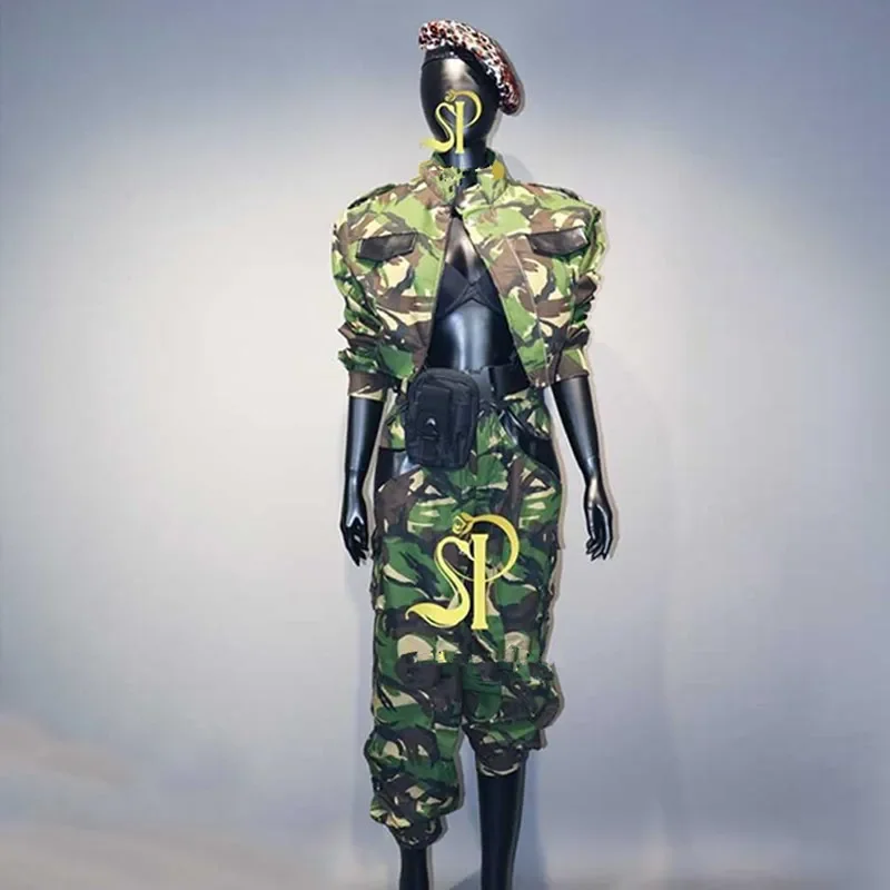 Camouflage Adult Jazz Stage Costume Women Nightclub Party Performance Outfit Festival Team Clothes Jacket Pants Streetwear yj636