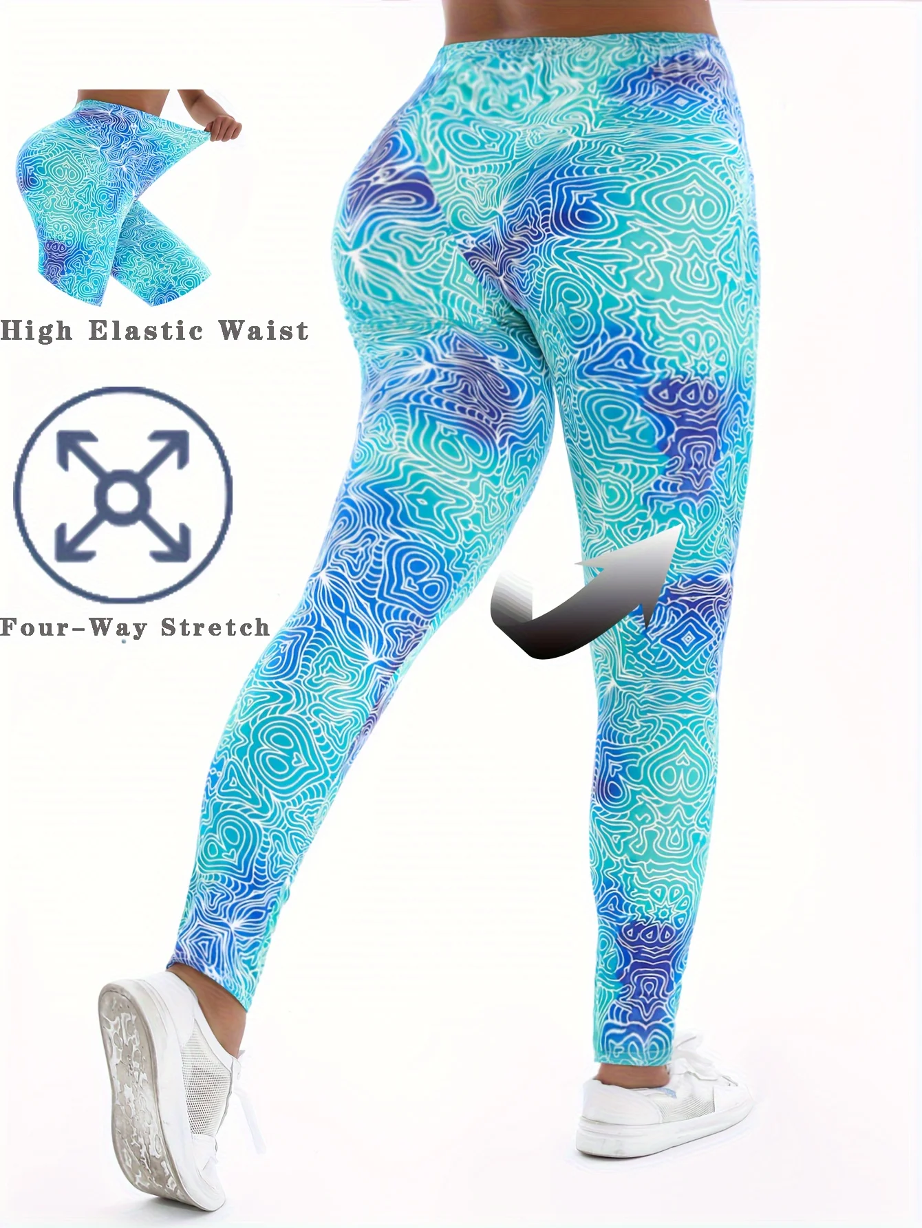 Women Fleece‑Lined Leggings Bright Blue Turquoise Mosaic Tribal Print Mid‑Waist Winter Bottoms