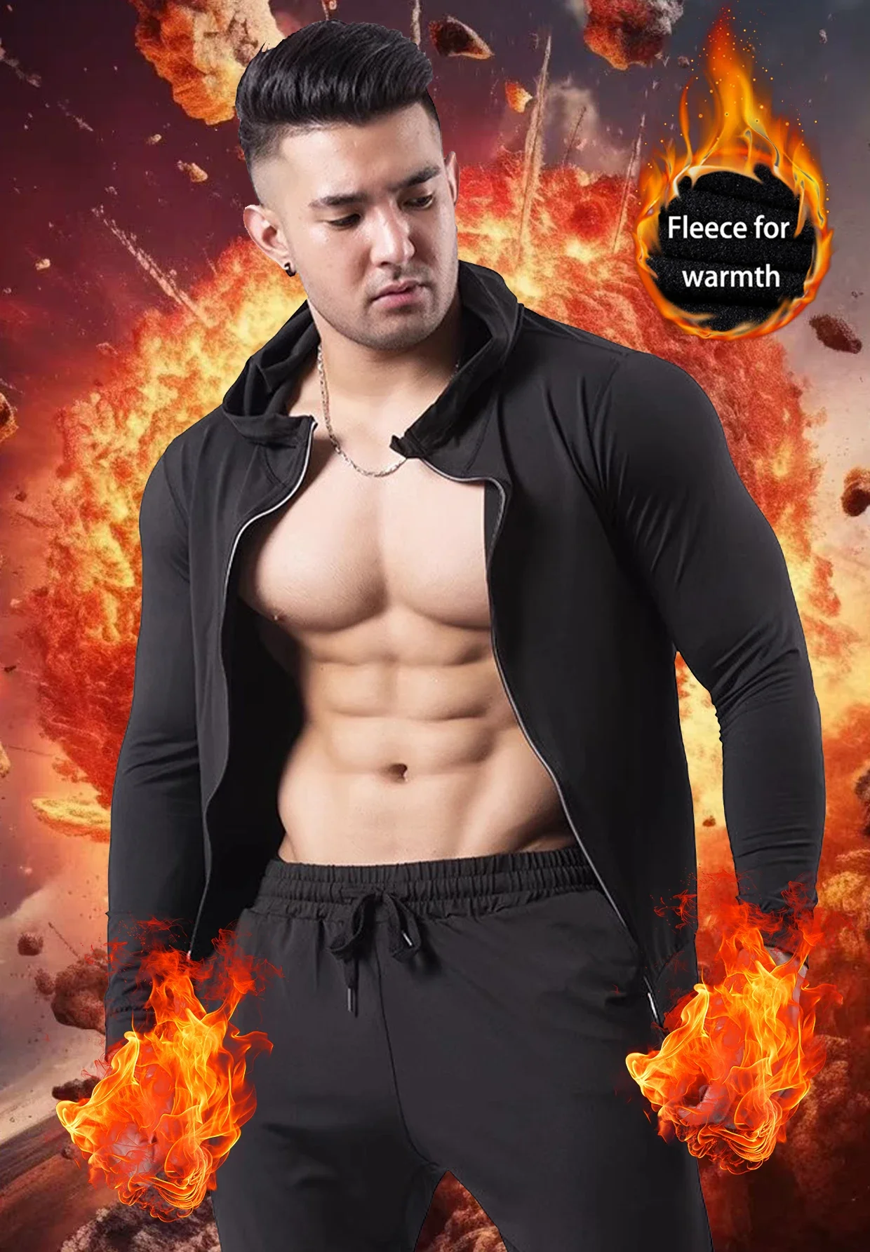 

Autumn and winter fleece sports fitness zipper hooded jacket for men, elastic, quick-dry, tight-fitting