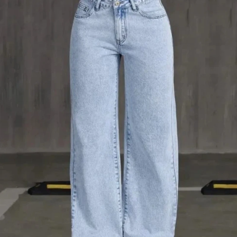 جينز نسائي Y2k جينز عالي الخصر ريترو واسع الساق 2025 خريف جديد مستقيم فضفاض مناسب بنطلون مريح قابل للتمدد للتخسيس