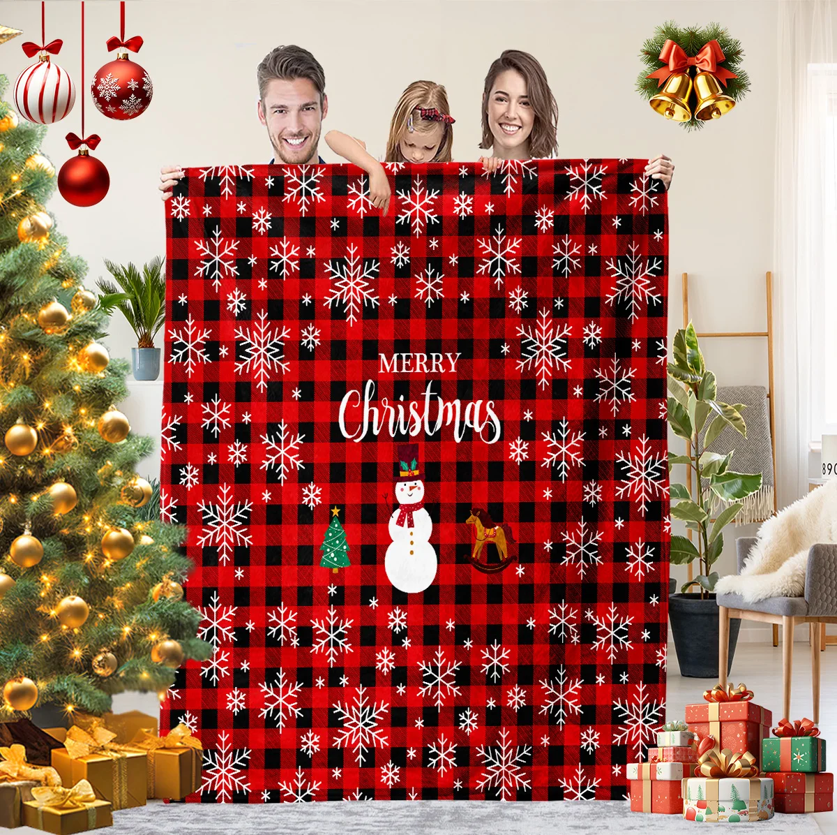 Manta de franela con estampado a cuadros rojo de muñeco de nieve de Navidad, alfombra de ocio para sala de estar, sofá, siesta, suave, lavable a máquina, 1 ud.