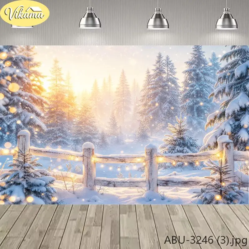 VIKAMA Winter Snow Forest Tapestry, Cedar Fence Warm Lights Snow Background Cloth, Living Room Party Wall Decor