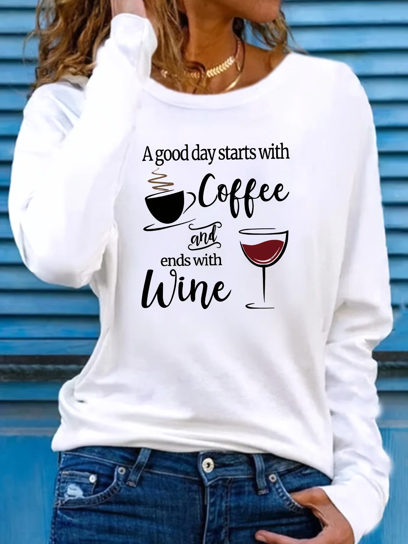 Women's Spring and Autumn 100% Pure Cotton Fashionable Casual Loose Coffee and Wine Printed Round Neck Long Sleeved T-Shirt Top