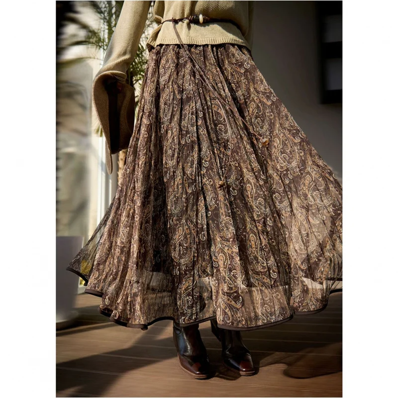 QICHE 2026 Women High Waist Flared Swing Skirt Autumn Vacation Paisley Pattern Pleated Umbrella Midi Skirt