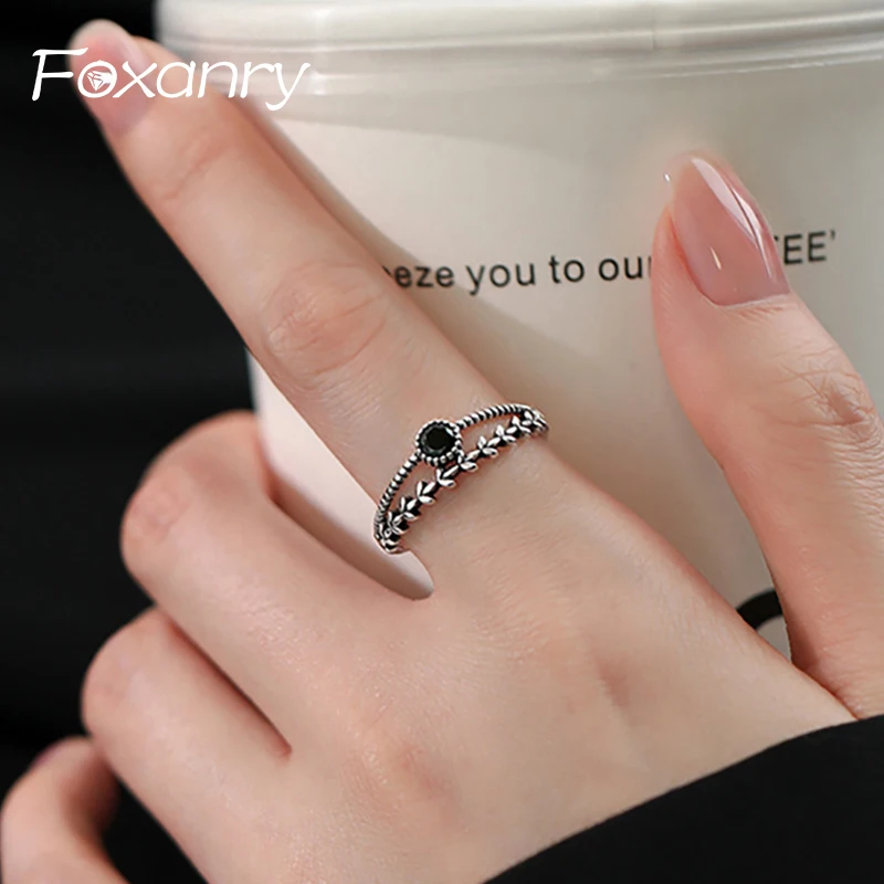 Foxanry Creative Design Black Zircons Rings for Women Couples Korean Fashion Simple Double-layered Geometric Party Jewelry Gifts