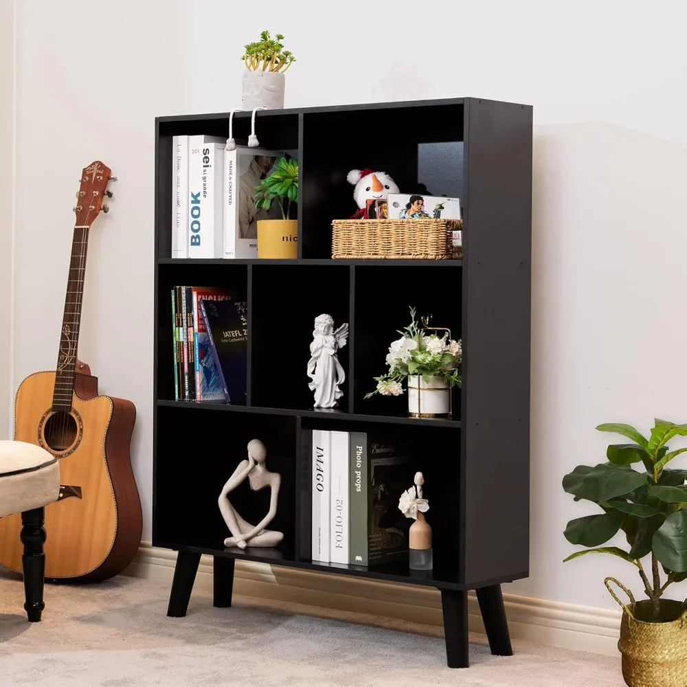 black bookshelf,3 tier modern bookcase with legs,bookshelves wood storage shelf, open book shelves cube organizer,freestanding