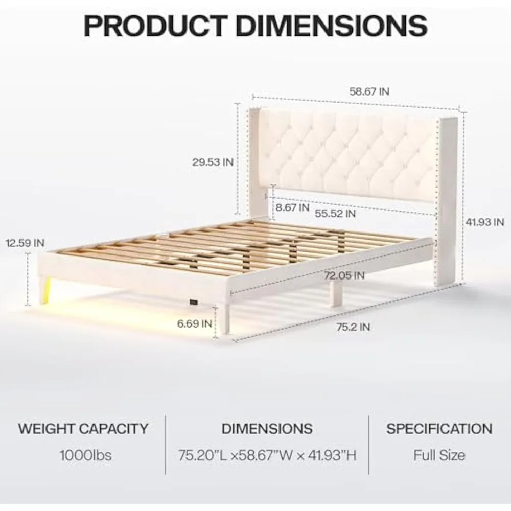 Rama łóżka pełnowymiarowego z oświetleniem LED, tapicerowana aksamitna rama łóżka platformowego z zagłówkiem i podnóżkiem z pikowanym, guzikami wykończeniem i klapami bocznymi.