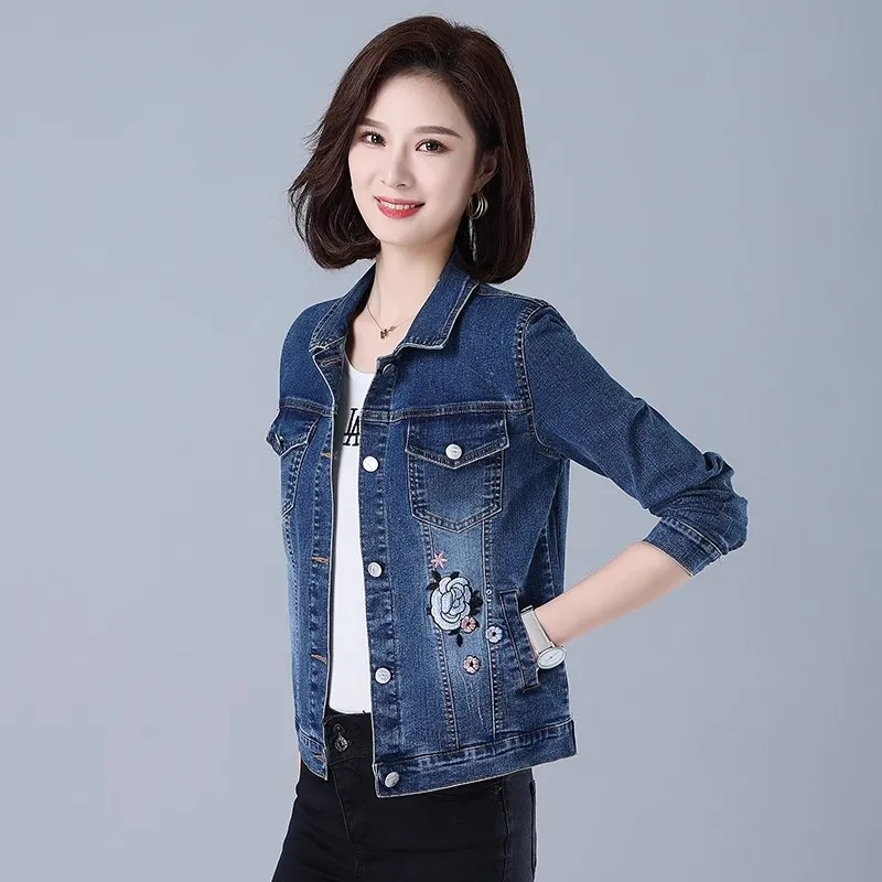 UHYTGF New Short Jeans Jacket Women Fashion Embroidery Slim Outerwear Autumn Denim Jacket Single-Breasted Spring Coat Female 877