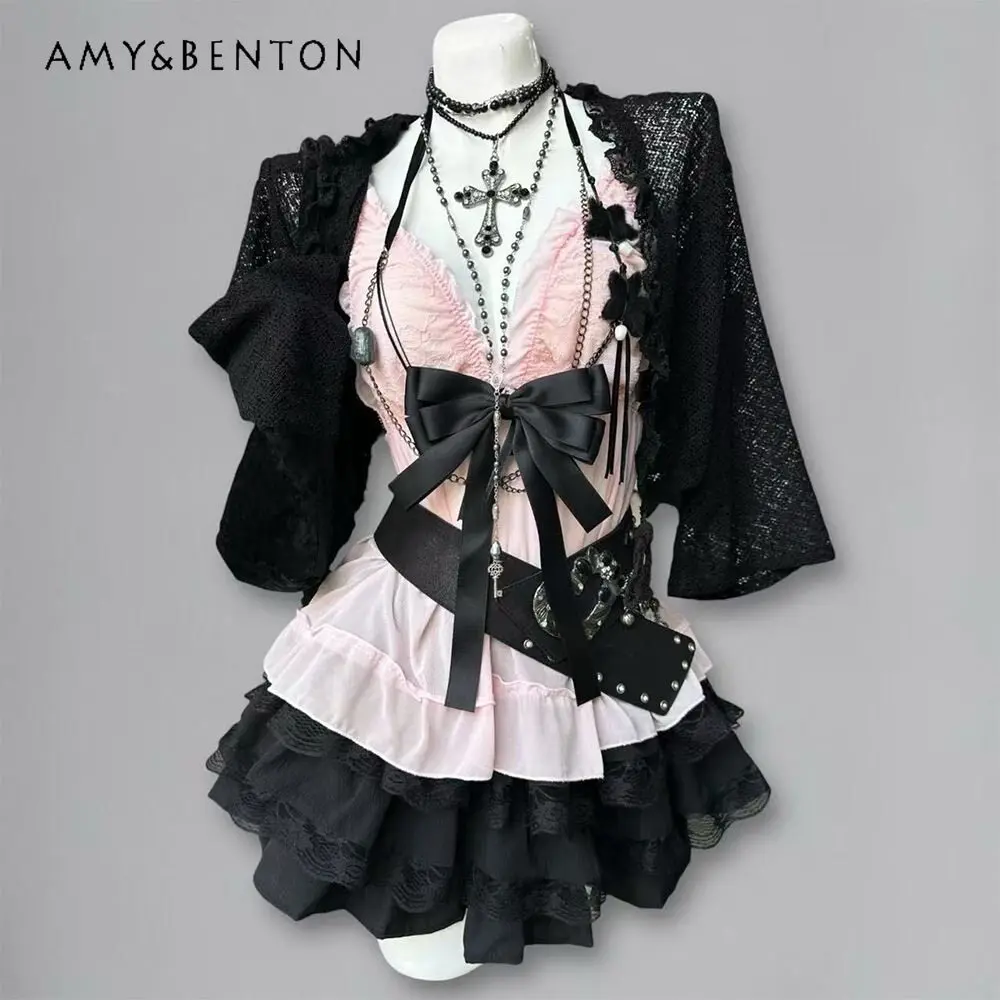 

Women Japanese Retro 3pcs Outfit Black Lace Flare Sleeve Cropped Cardigan + Pink Halter Top + Layered Ruffle Mini Skirt Set