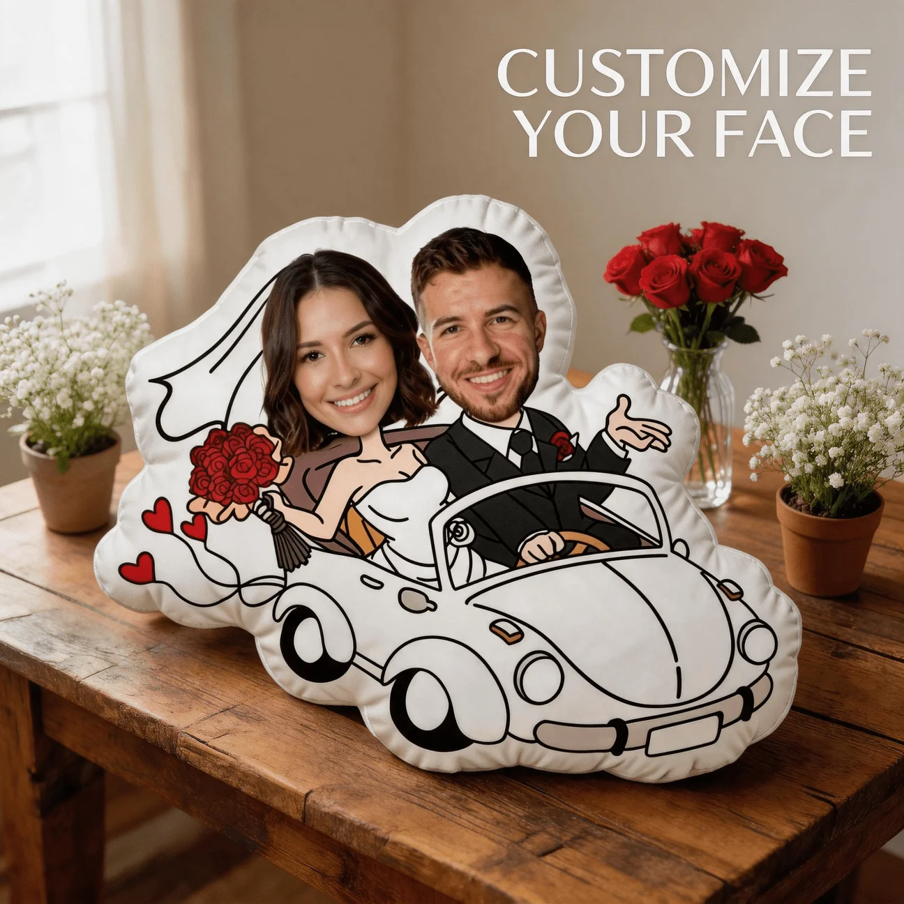 Custom Photo Wedding Car Shaped Pillow, Personalized Couple Portrait Decorative Cushion, Bride & Groom in Classic Car Design, Ro
