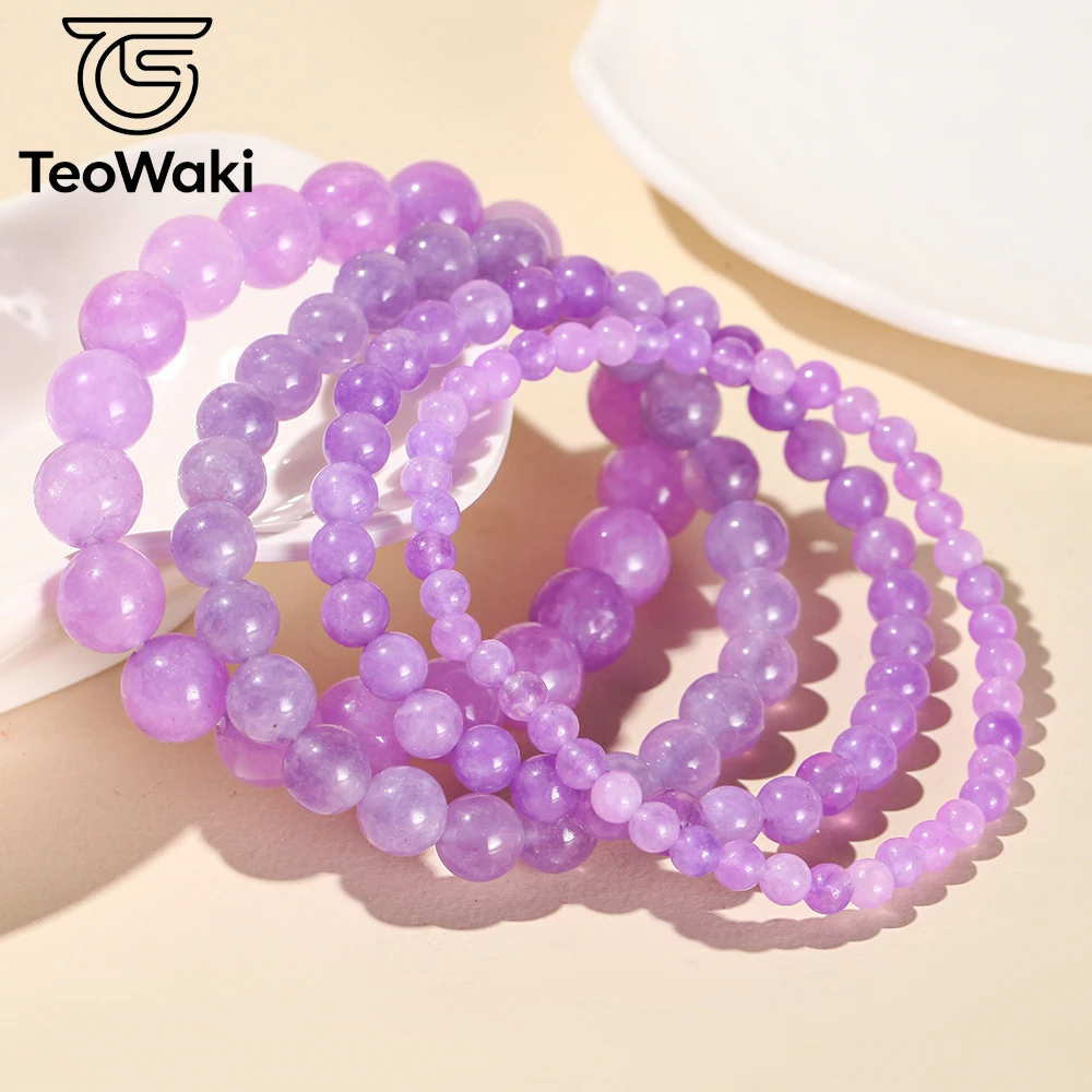 TeoWaki 4/6/8/10mm Natural Purple Jades Bracelet for Women Men Elastic Bangles Stress Reduction, Maintaining Mental Balance 19cm