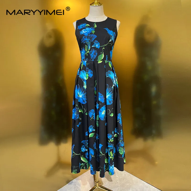 MARYYIMEI New Cotton Weaving Print Pleated Long Skirt 2024 Spring/Summer Blue Slim-Fit Vest Skirt Round Neck Big Swing Dress