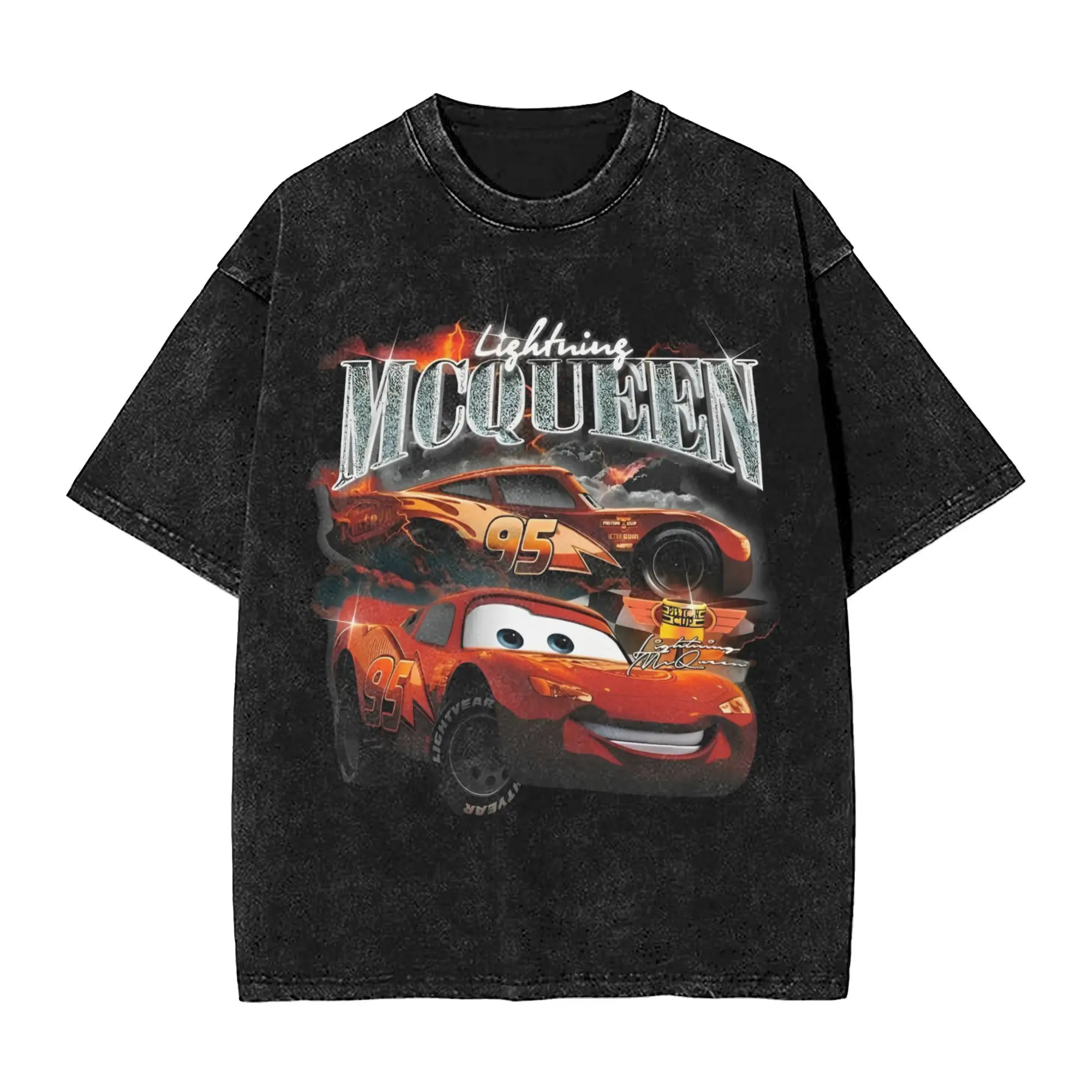 Printed lightning mcqueen car sally Washed T Shirts Merch Harajuku T-Shirt  for Men Women Tee Shirt