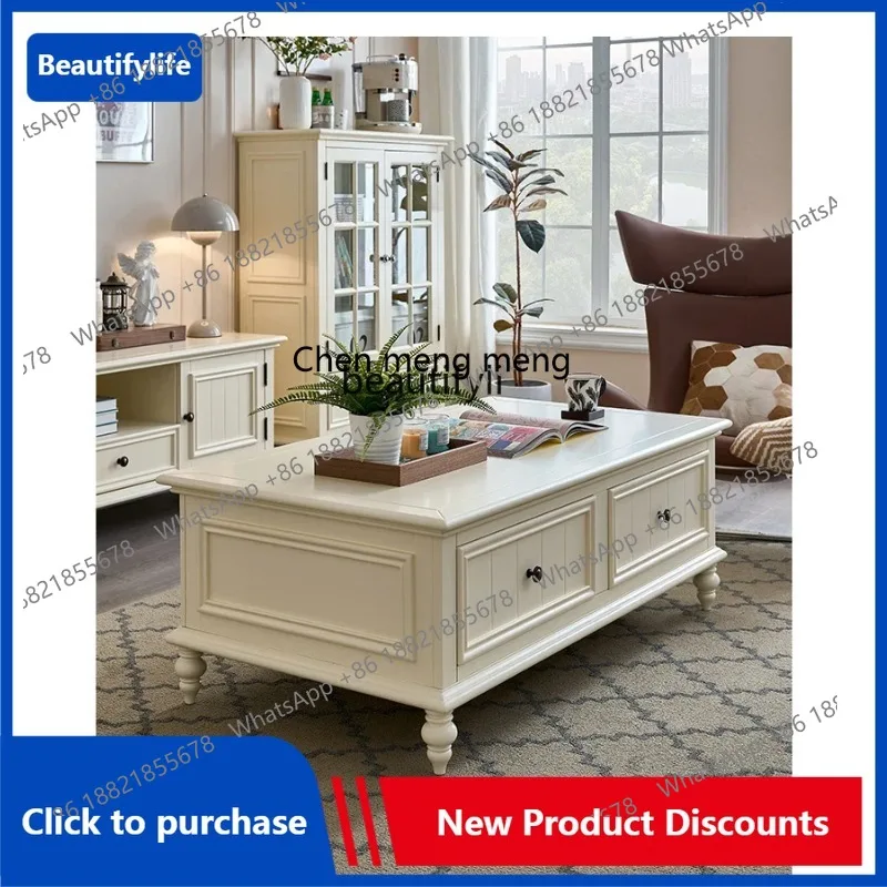 C85 American-Style Solid Wood Coffee Table TV Cabinet Combination White Modern Simple Small Apartment Living Room  Cream Style