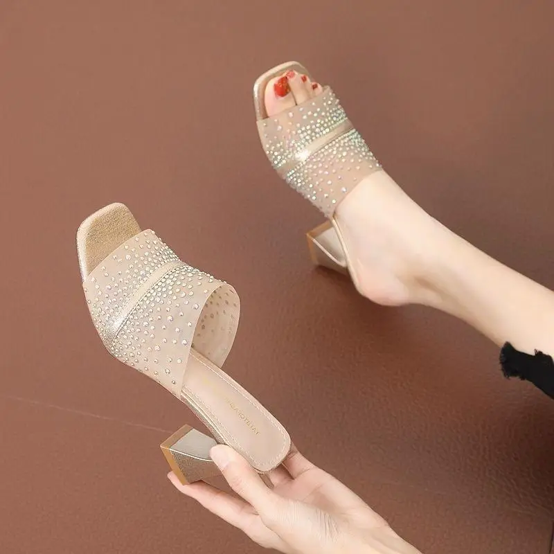 

Mesh Rhinestone Open-toe High-heeled Sandals for Women, Summer 2025 New Style, Thick-heeled Mid-heeled Flip-flops for Women