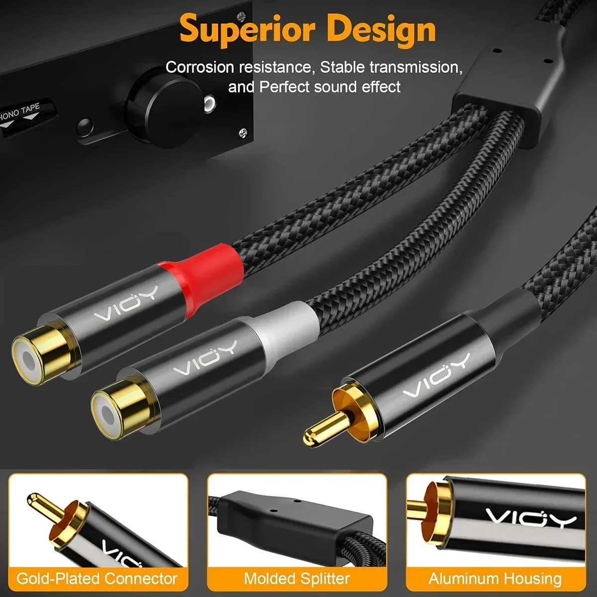 RCA Y-Splitter Extension Cord (2 Packs) 1RCA To 2RCA Stereo Audio Y-Adapter Subwoofer Cable for TV CD Player Home Theater Etc