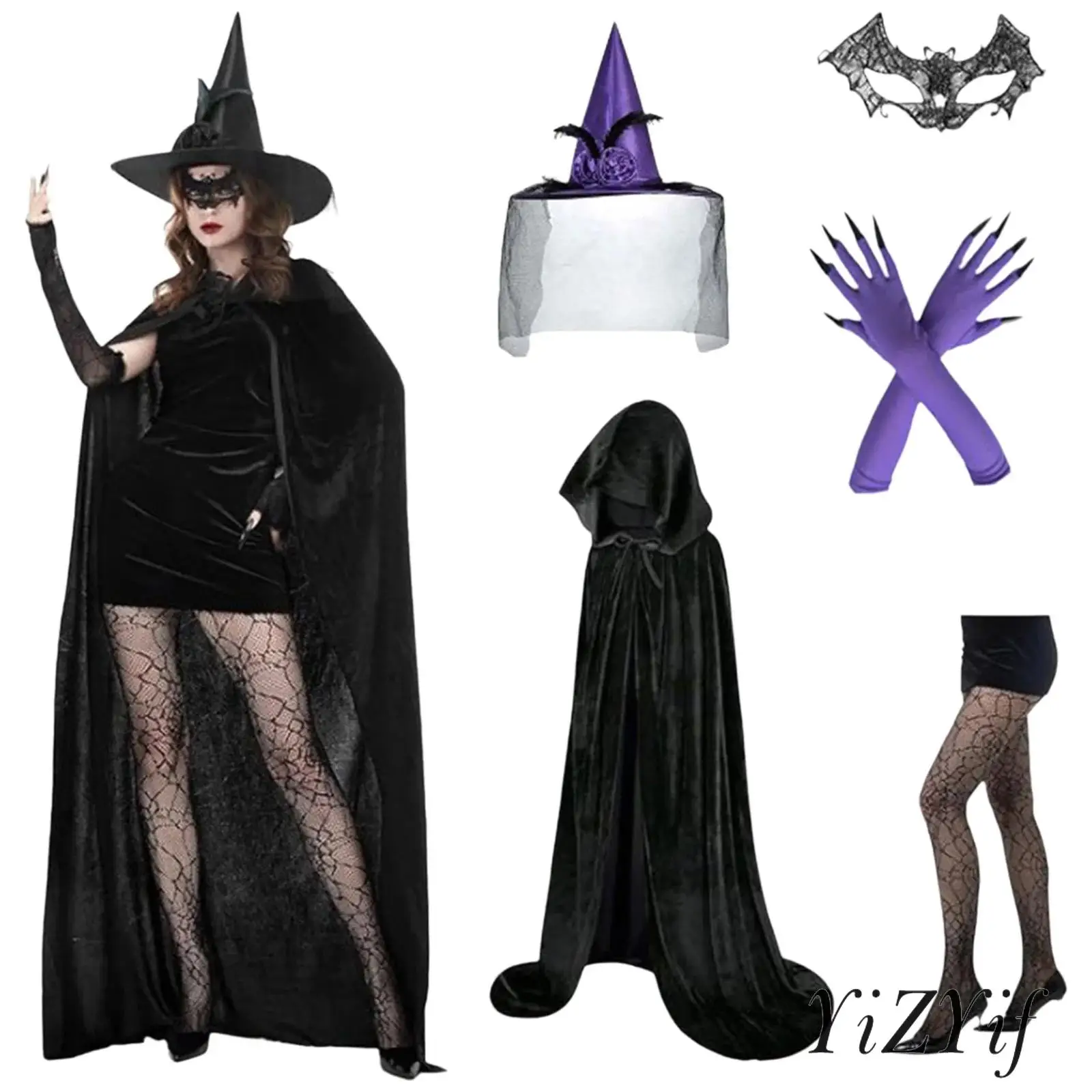 

Women Halloween Witch Costume Cosplay Accessories with Hooded Cloak Cape Witches Hat Face Mask Some with Gloves and Stockings