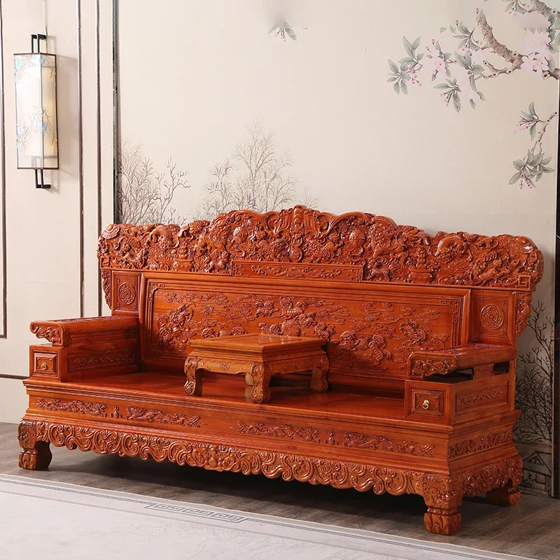 Chinese Ming and Qing classical full solid wood carving flower sofa combination home living room antique red pear wood villa liv