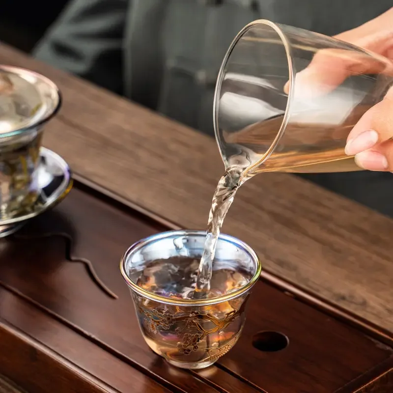 Taza de té de vidrio lujosa, juego de té grueso y resistente al calor de Kung Fu, contorno en oro, taza maestra, taza de té transparente colorida de alta gama