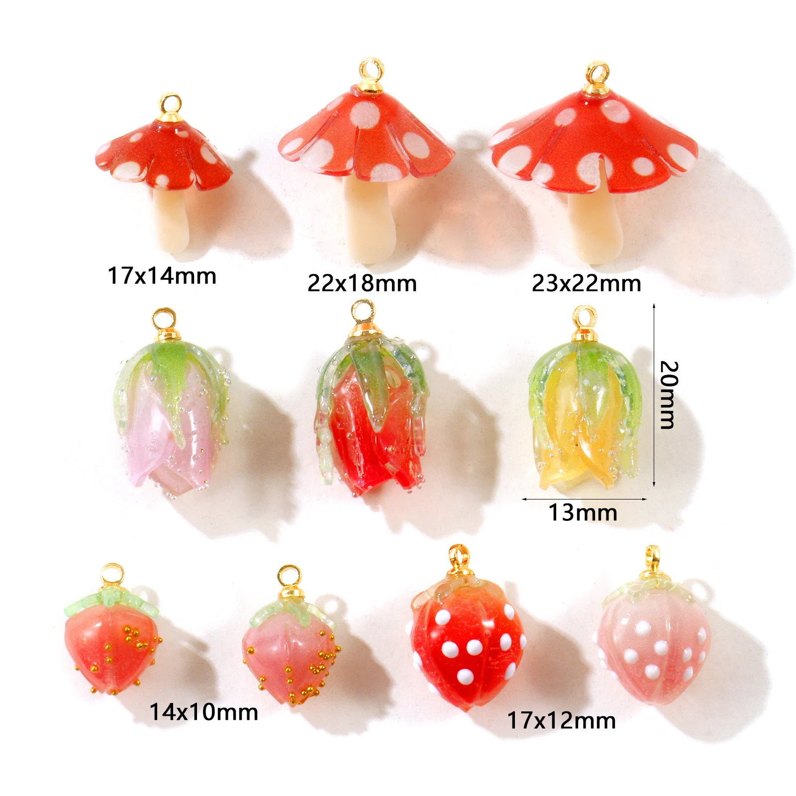 5pcs Multicolor 3D Resin Charms Mushroom Strawberry Fruit 18K Gold Plated Brass Pendants For Women DIY Necklace Bracelet Jewelry