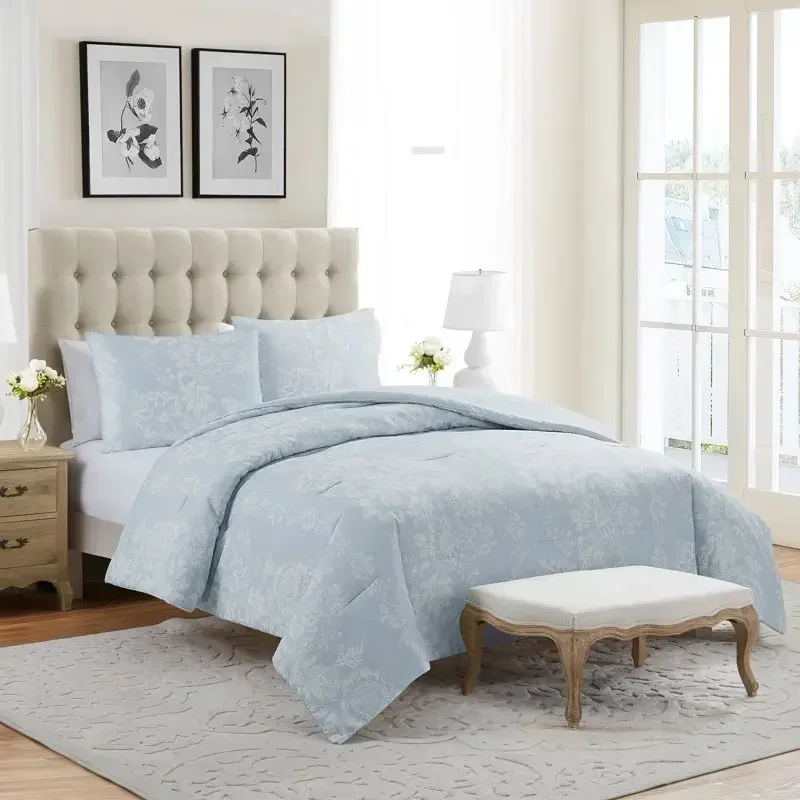 Caroline 3-Piece Blue Floral Slub Comforter Set,