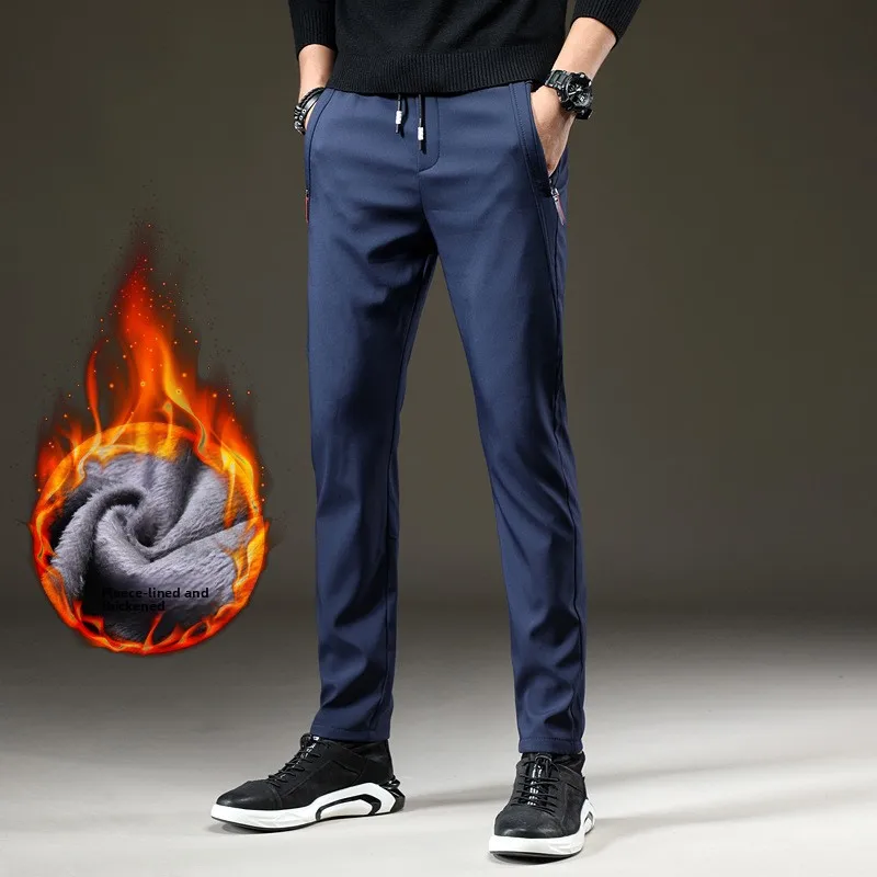 

Thickened Fleece Men's Casual Pants Straight Leg Elastic Cuff Quick Dry High Waist Straight Tube Trousers Autumn Winter Fashion