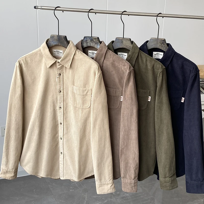 

American Sle Heavyweight 300gsm Pure Cotton Men's Corduroy Waed Long Sve irt Autumn Winter Youth Faion Stand Fit